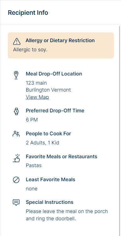 More detailed recipient info includes allergies, restrictions, and instructions.