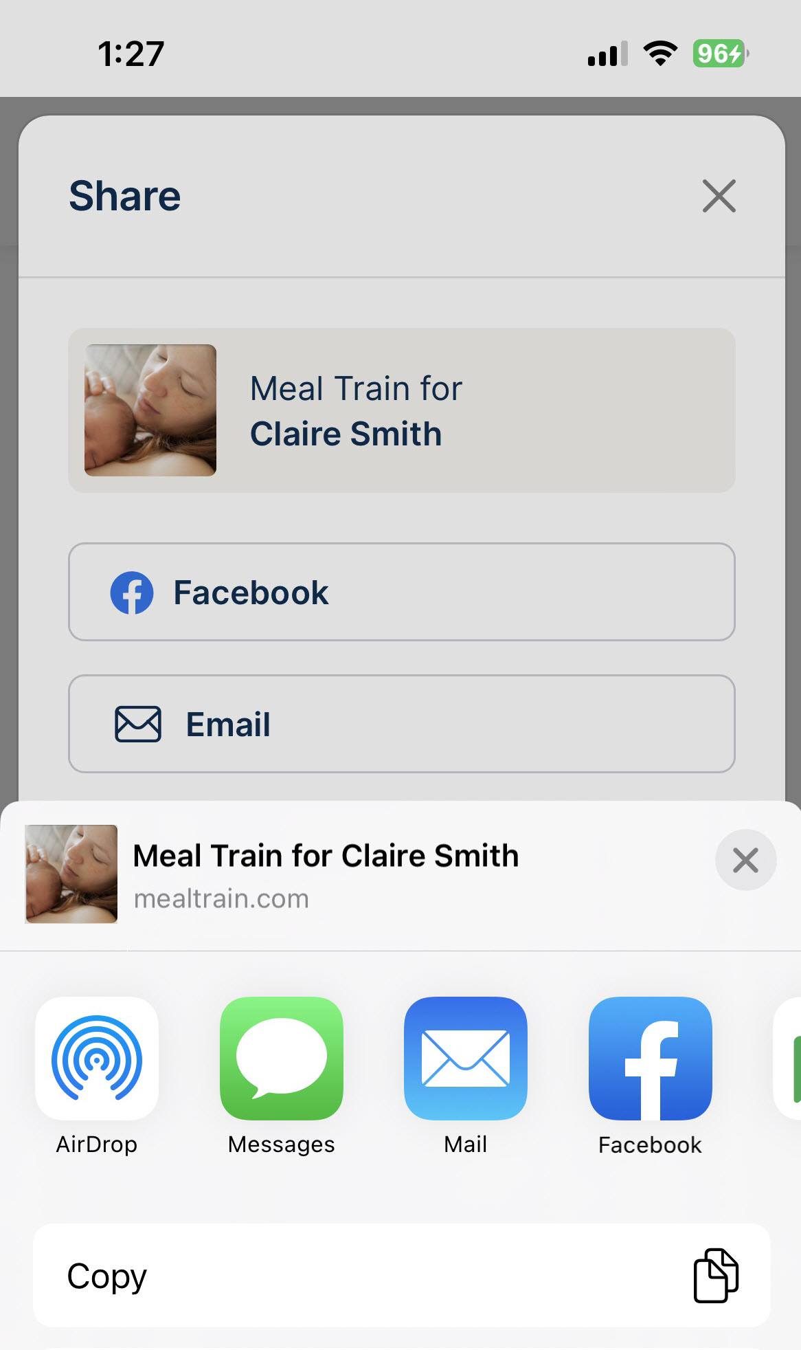 Example shows options for sharing on mobile device, including AirDrop, messages, mail, and Facebook.
