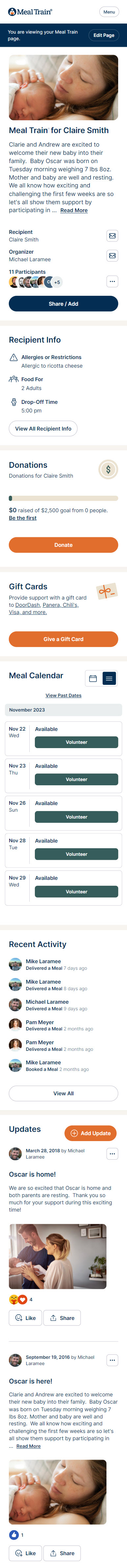 Example meal train page on smartphone shows options for how to participate.