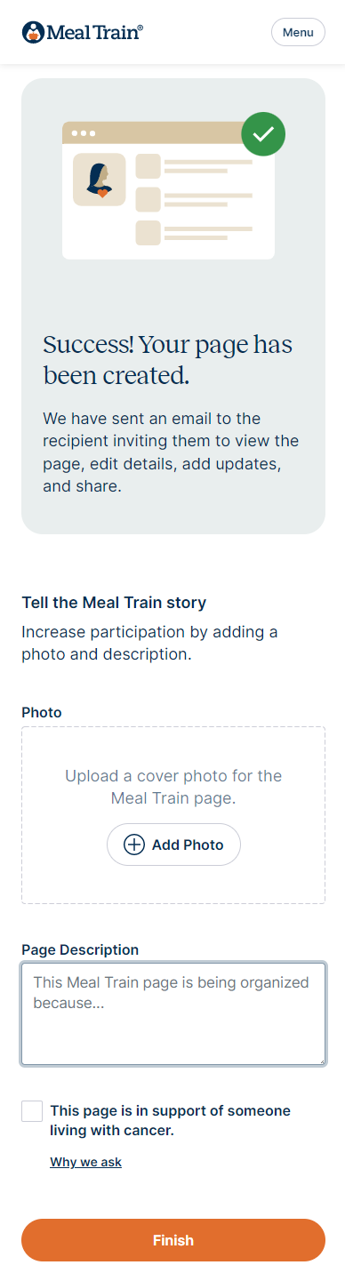 Success page leads to add story and photo.