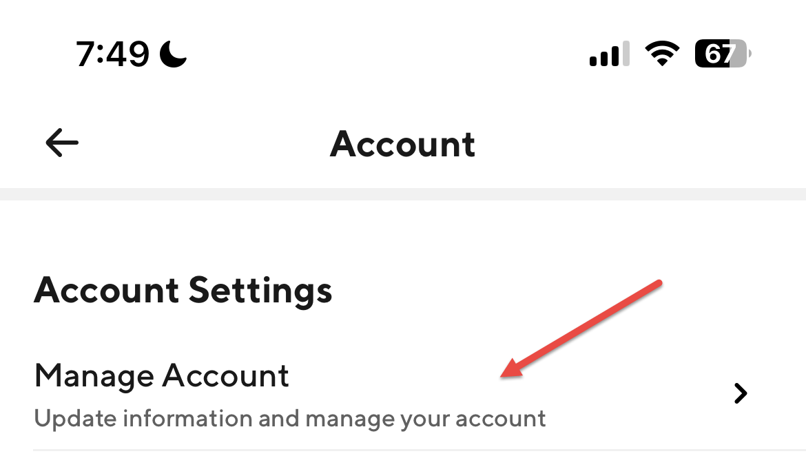 Arrow points to manage account.