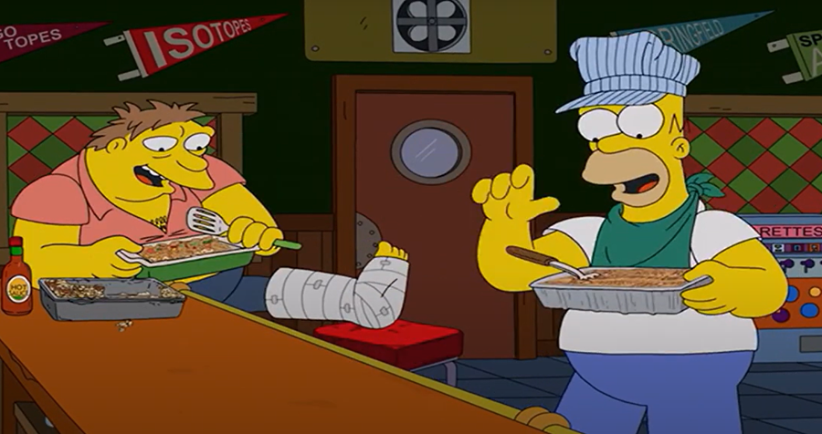 Barney and Homer eating casseroles and Homer wearing a train conductor's hat.