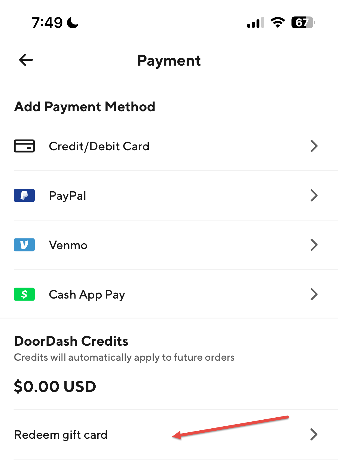 Arrow points to redeem gift card.