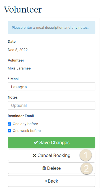 Example with options numbered to cancel or delete booking.