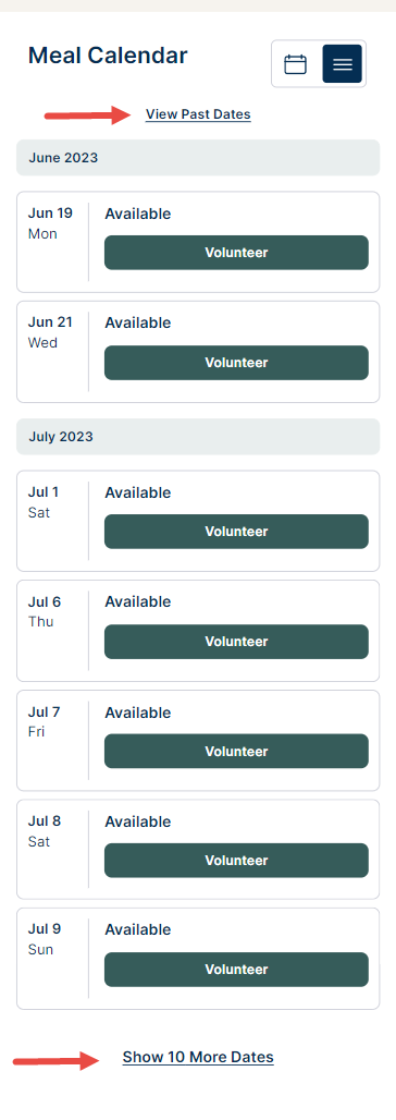 Arrow points to view past dates text at top of calendar list.