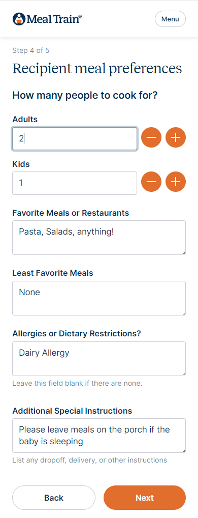 Step 4 edit preferences including food preferences, allergies, delivery method.