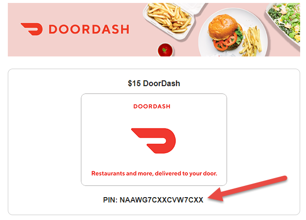 Arrow shows where to find the gift card pin number.