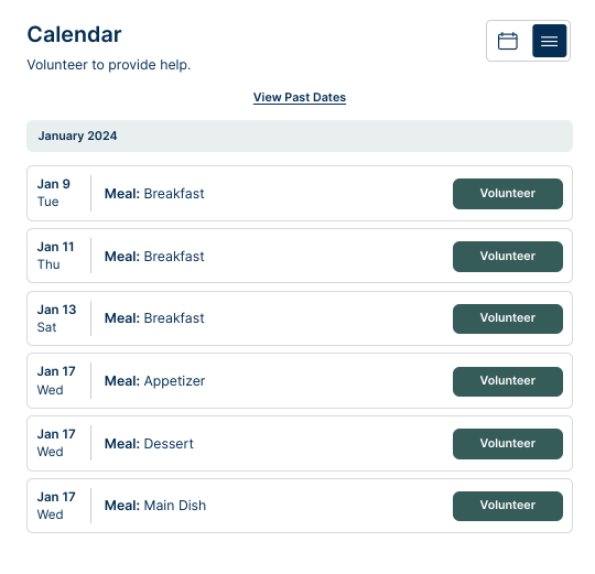 Participants see a list view of 3 meals for one date on the Meal Train page.