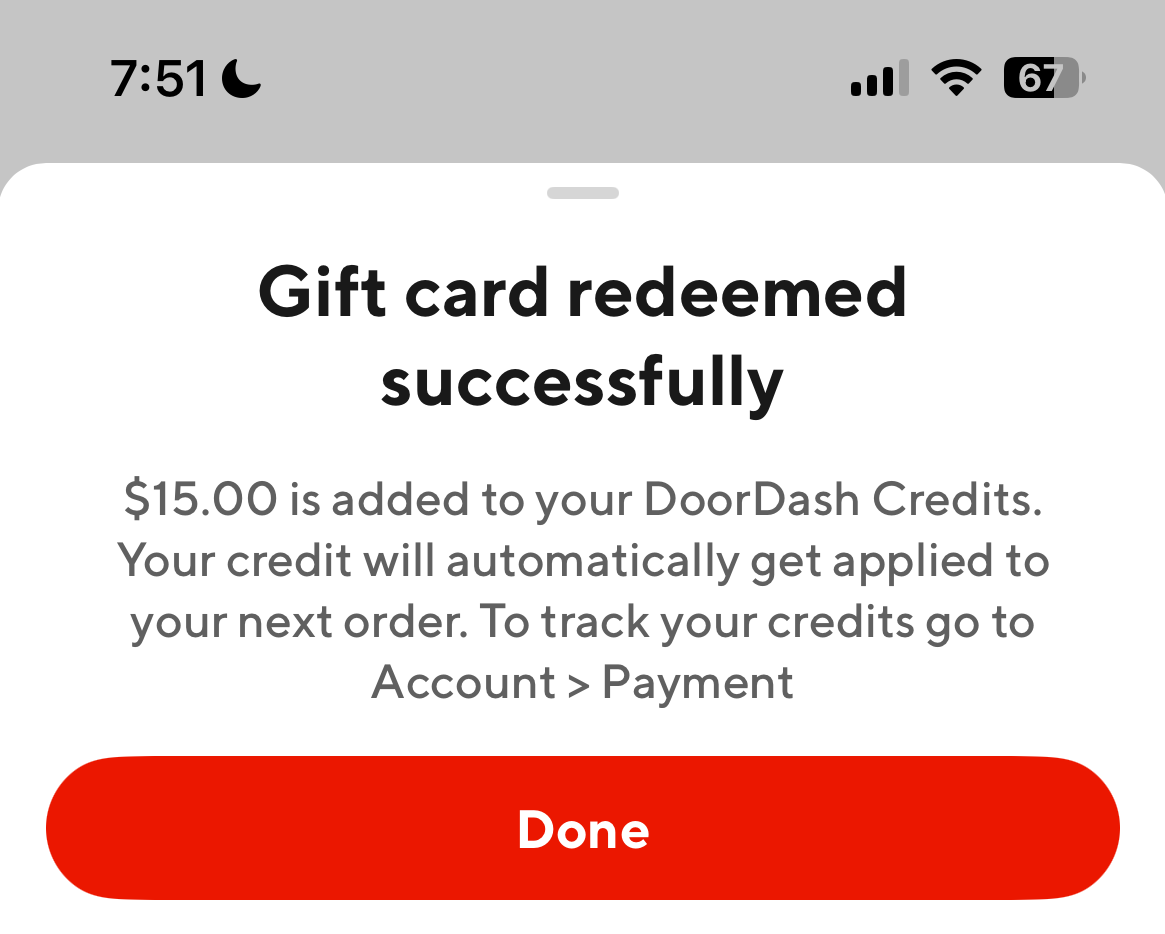 Example shows redemption confirmation page.