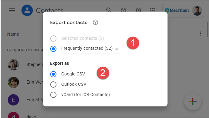 Pop-up shows contacts and how to export into CSV file.