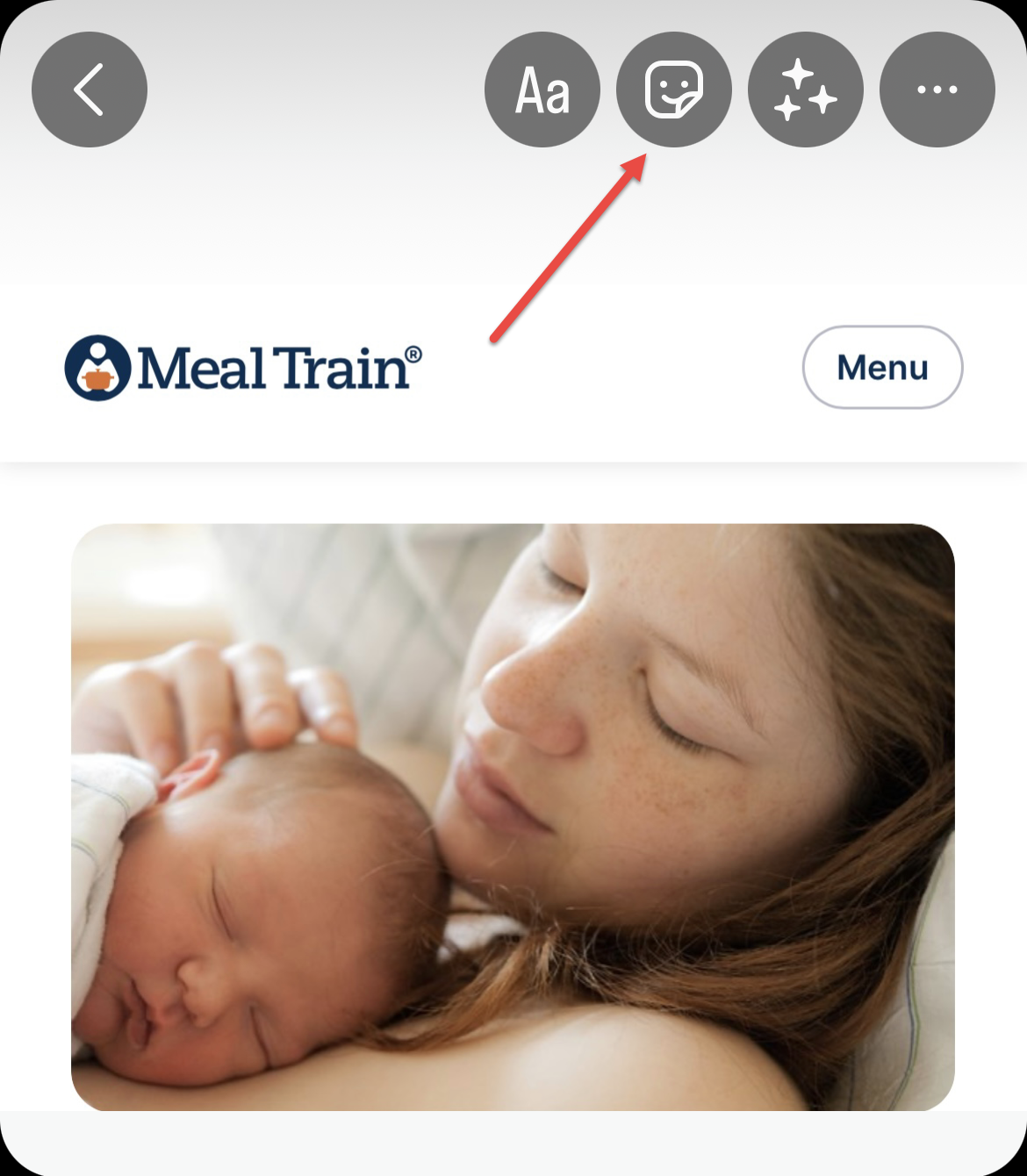 Arrow points to options in Instagram to design a story.