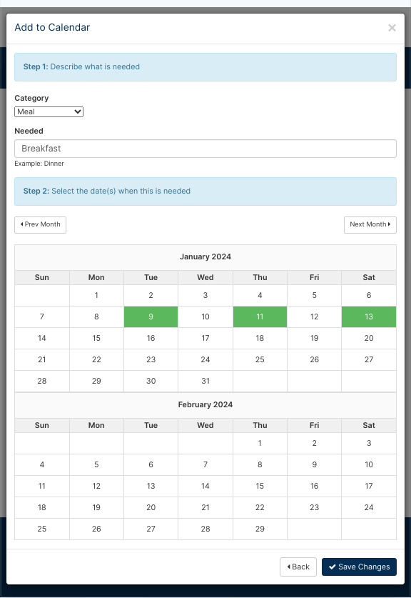 Plus calendar shows category menu, field to enter needs, and calendar dates.
