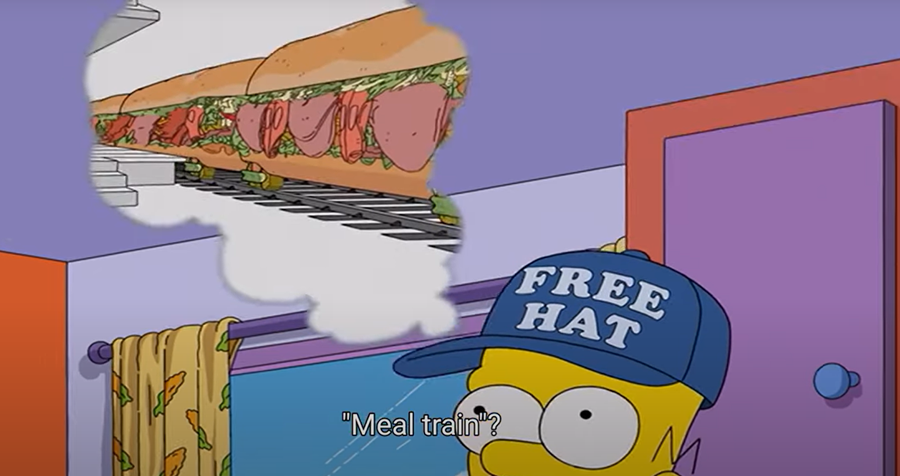 Homer imagining a Meal Train as a sandwich.