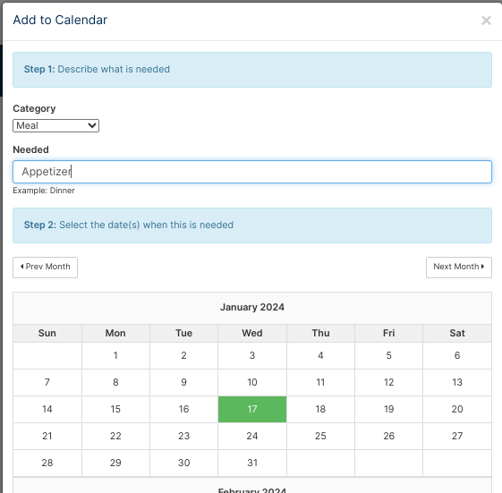 Edit window with category list, field for needs, and selected calendar dates.