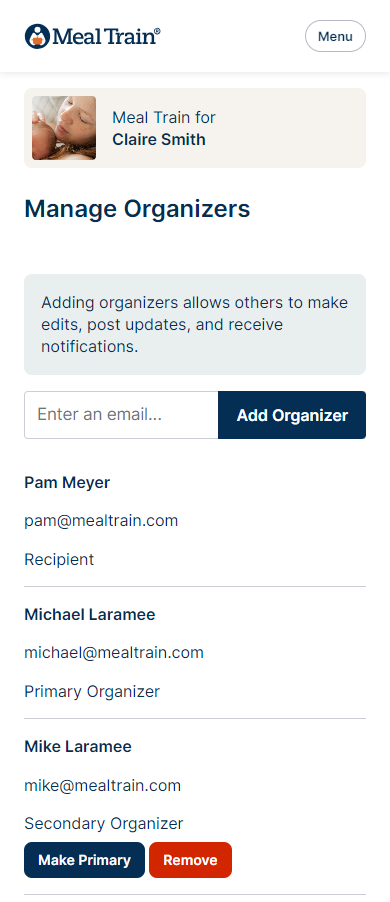 Example of manage organizers page shows all administrators their email addresses and their roles.