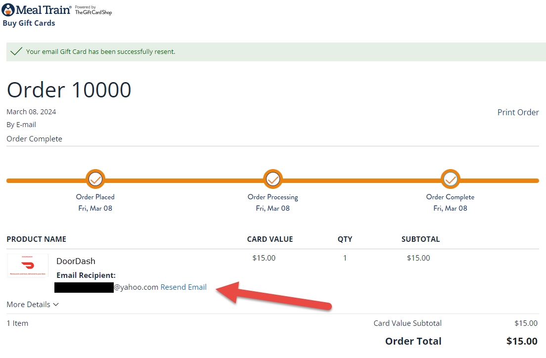 Example of how to track gift card order and resend card.