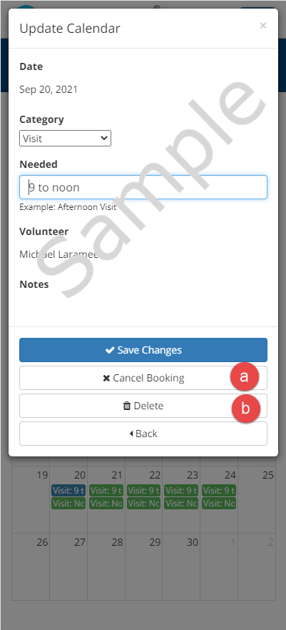 Example shows lettered options to cancel or delete activity.