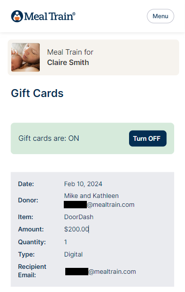 Example shows manage gift cards page  and where to find giver information.