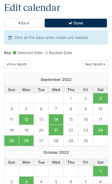 Example calendar with dates selected appearing in green.