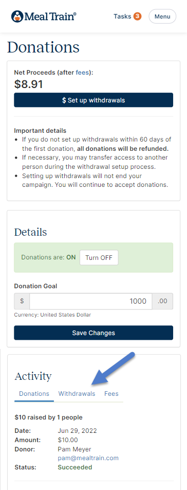 Donation page shows activity box and withdrawal summary