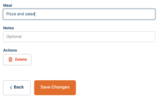 Example shows how to edit meal add notes and save changes.
