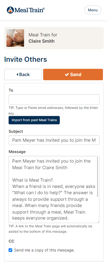 Button to import from past Meal Train is in blue under the TO field.