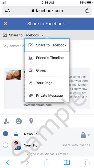 Options for sharing on Facebook