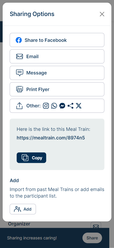 Example shows share options including link Facebook email text print and add button.