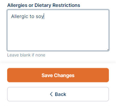 Open text box where to list allergies or restrictions.