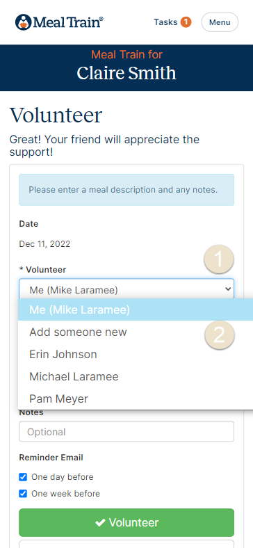 Shows numbered steps one select volunteer and two add someone new.