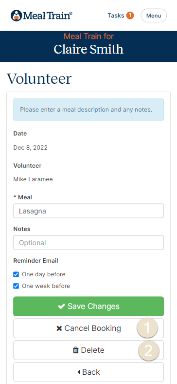 Shows options for editing an existing booking.