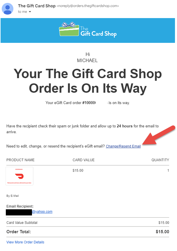 Gift card order confirmation with arrow shows how to change email address and resend card.