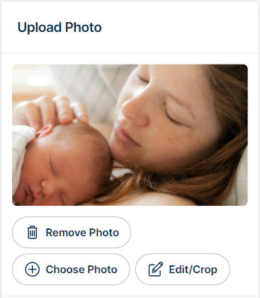 Upload photo page shows options to remove, choose, or edit and crop the photo.