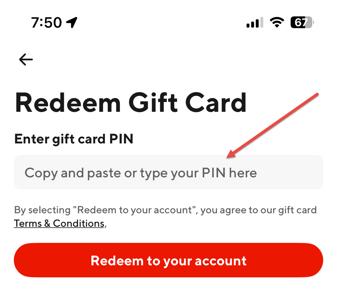 Arrow points to field where you enter your gift card pin.