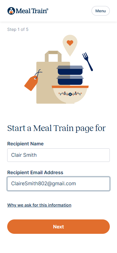 Start page with example recipient name and email address.